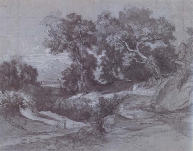  Landscape with trees,two figures on a road and mountains in the background